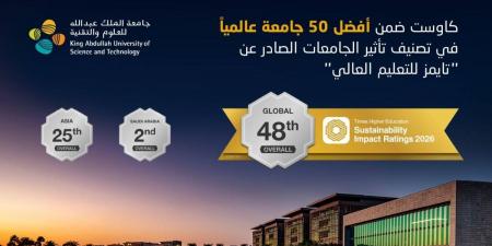 "كاوست" في قائمة أفضل 50 جامعة عالميًا حسب تصنيف التأثير الصادر عن مؤسسة "تايمز للتعليم العالي"