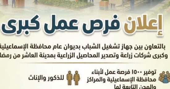 1500 فرصة عمل بالإسماعيلية.. راتب 8 آلاف جنيه وحوافز وسكن للمغتربين